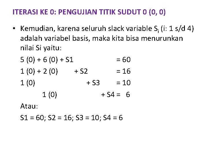 ITERASI KE 0: PENGUJIAN TITIK SUDUT 0 (0, 0) • Kemudian, karena seluruh slack