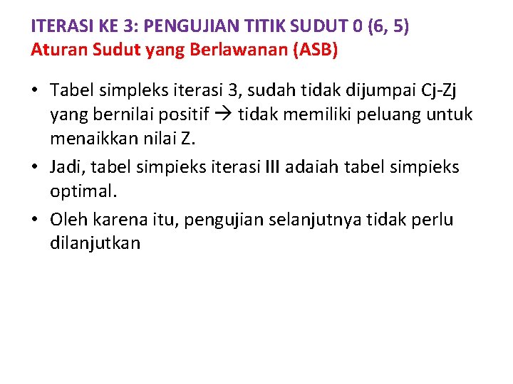 ITERASI KE 3: PENGUJIAN TITIK SUDUT 0 (6, 5) Aturan Sudut yang Berlawanan (ASB)