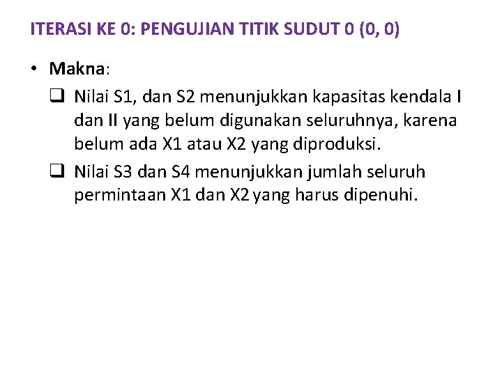 ITERASI KE 0: PENGUJIAN TITIK SUDUT 0 (0, 0) • Makna: q Nilai S