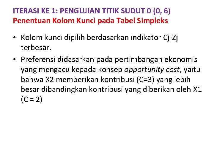 ITERASI KE 1: PENGUJIAN TITIK SUDUT 0 (0, 6) Penentuan Kolom Kunci pada Tabel