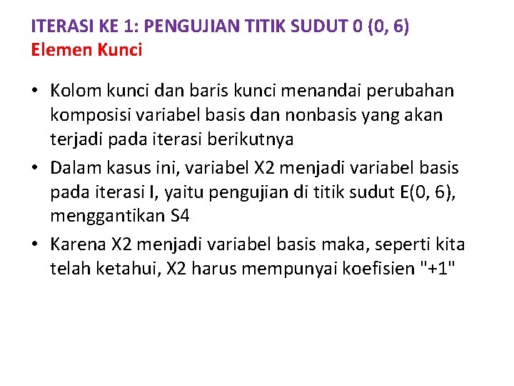 ITERASI KE 1: PENGUJIAN TITIK SUDUT 0 (0, 6) Elemen Kunci • Kolom kunci