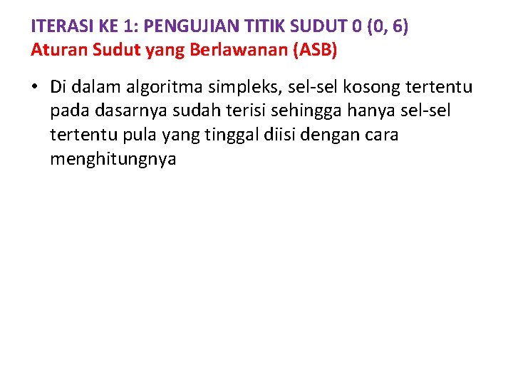 ITERASI KE 1: PENGUJIAN TITIK SUDUT 0 (0, 6) Aturan Sudut yang Berlawanan (ASB)