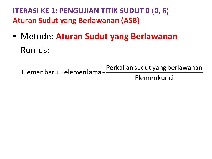 ITERASI KE 1: PENGUJIAN TITIK SUDUT 0 (0, 6) Aturan Sudut yang Berlawanan (ASB)