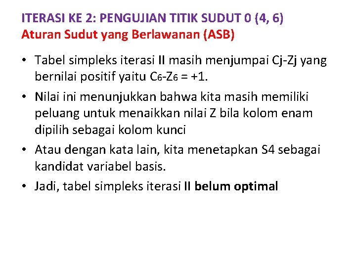 ITERASI KE 2: PENGUJIAN TITIK SUDUT 0 (4, 6) Aturan Sudut yang Berlawanan (ASB)