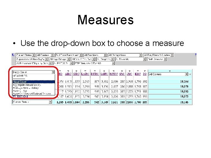 Measures • Use the drop-down box to choose a measure 