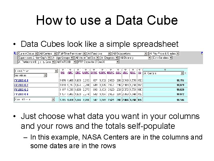 How to use a Data Cube • Data Cubes look like a simple spreadsheet
