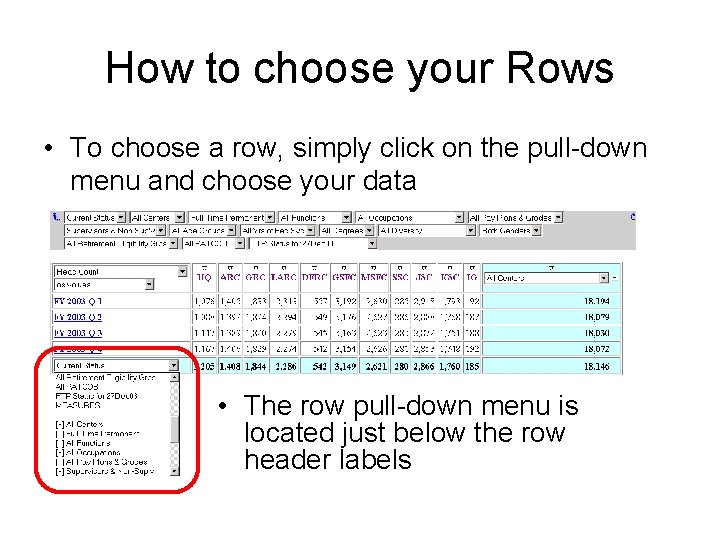 How to choose your Rows • To choose a row, simply click on the