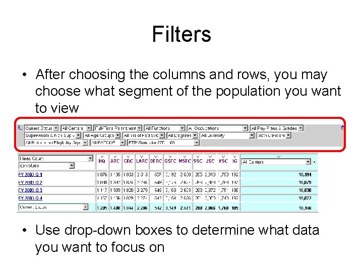 Filters • After choosing the columns and rows, you may choose what segment of