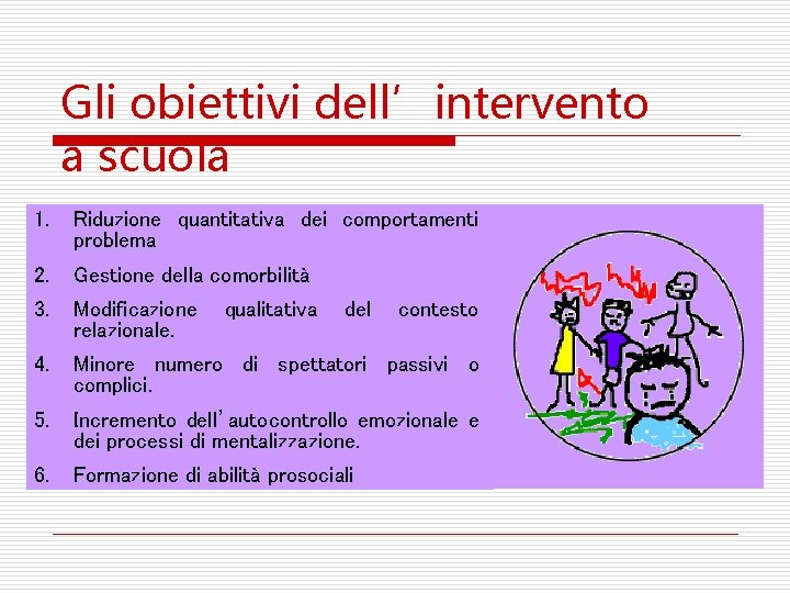 Gli obiettivi dell’intervento a scuola 1. Riduzione quantitativa dei comportamenti problema 2. Gestione della