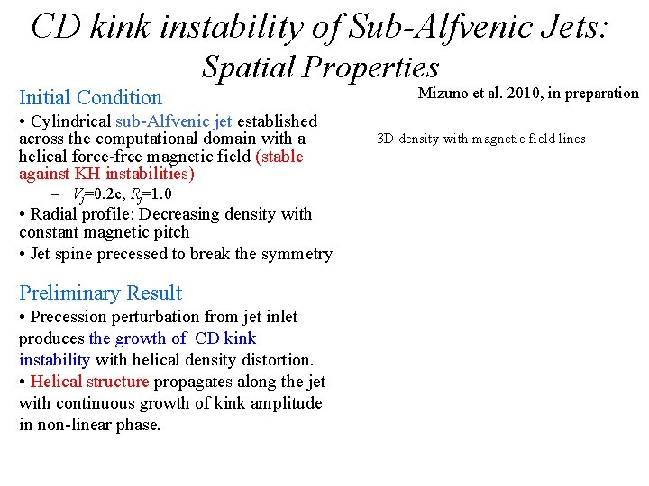 CD kink instability of Sub-Alfvenic Jets: Spatial Properties Initial Condition • Cylindrical sub-Alfvenic jet