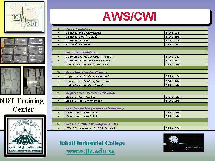 NDT Training Center AWS/CWI 1. d. Fresh Candidates: Seminar and Examination Seminar Only (7