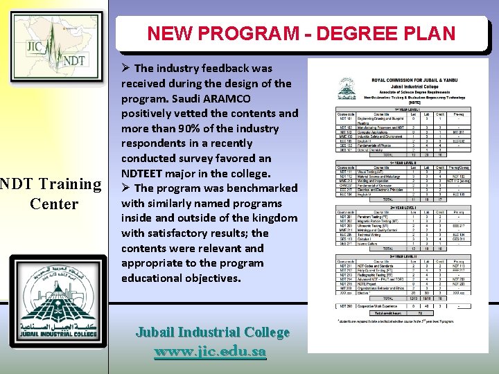 NDT Training Center NEW PROGRAM - DEGREE PLAN Ø The industry feedback was received