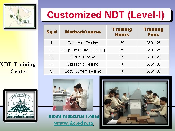 NDT Training Center Customized NDT (Level-I) Sq # Method/Course Training Hours Training Fees 1.