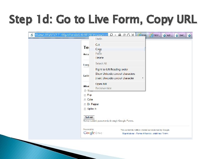 Step 1 d: Go to Live Form, Copy URL 