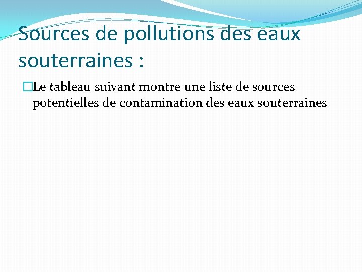 Sources de pollutions des eaux souterraines : �Le tableau suivant montre une liste de