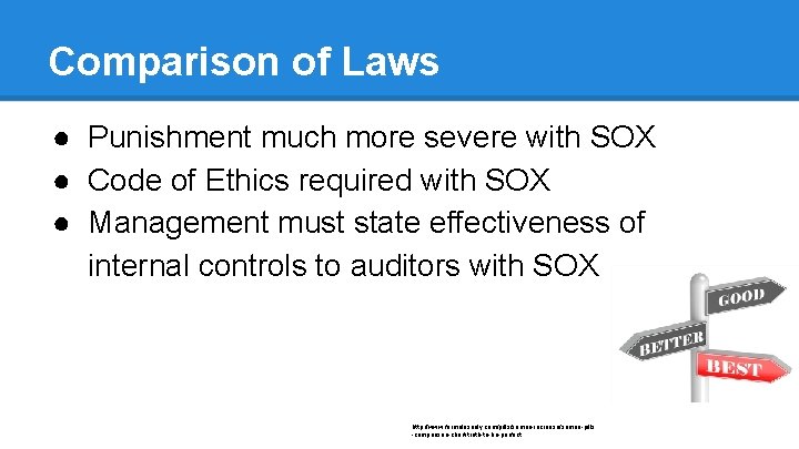 Comparison of Laws ● Punishment much more severe with SOX ● Code of Ethics