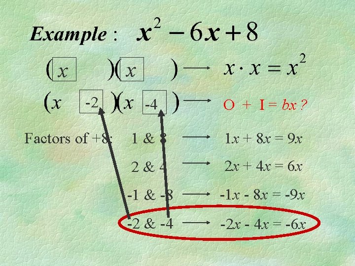 x x -2 Factors of +8: -4 O + I = bx ? 1&8