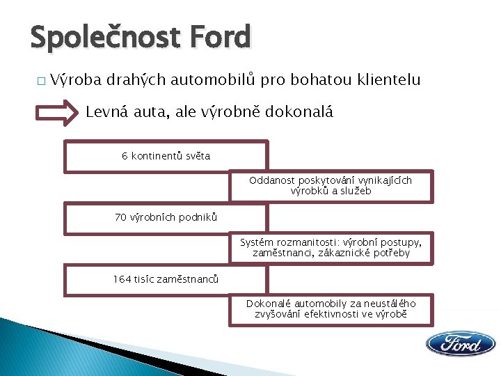 Společnost Ford � Výroba drahých automobilů pro bohatou klientelu Levná auta, ale výrobně dokonalá