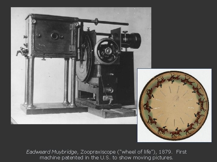 Eadweard Muybridge, Zoopraxiscope (“wheel of life”), 1879. First machine patented in the U. S.
