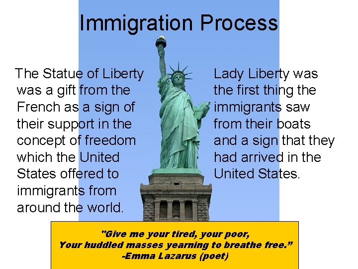 Immigration Process The Statue of Liberty was a gift from the French as a