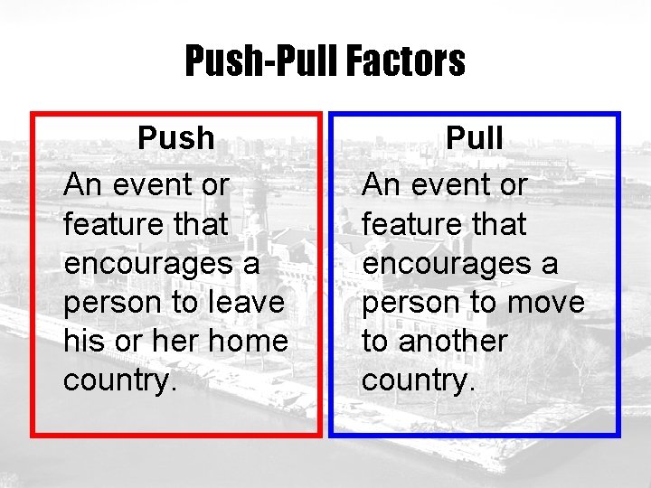 Push-Pull Factors Push An event or feature that encourages a person to leave his