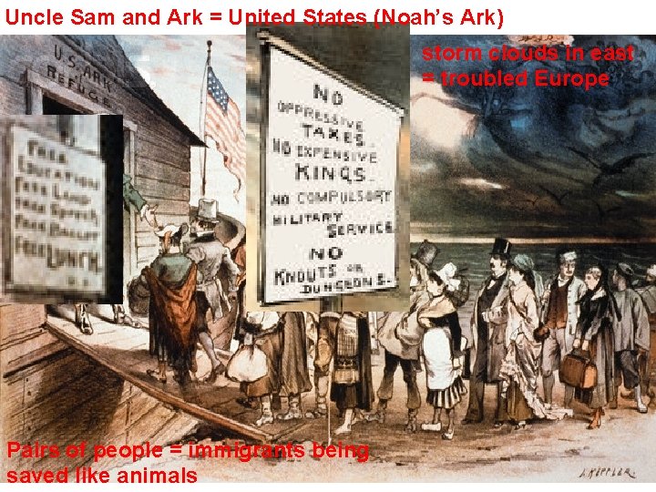Uncle Sam and Ark = United States (Noah’s Ark) storm clouds in east =