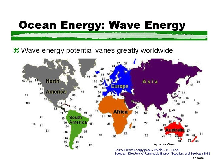 Ocean Energy: Wave Energy z Wave energy potential varies greatly worldwide Figures in k.