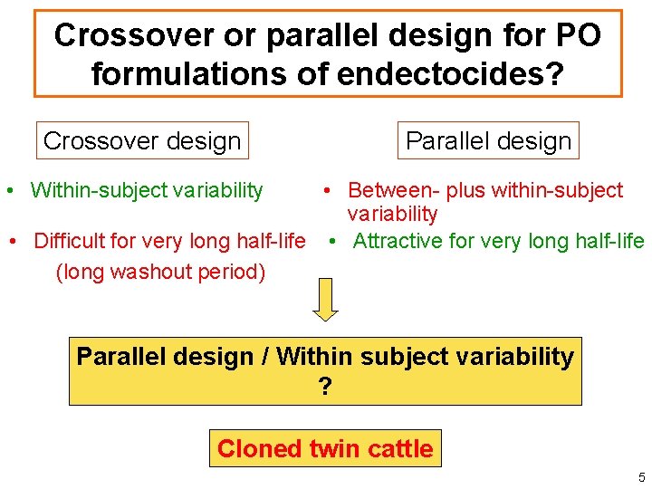 Crossover or parallel design for PO formulations of endectocides? Crossover design Parallel design •