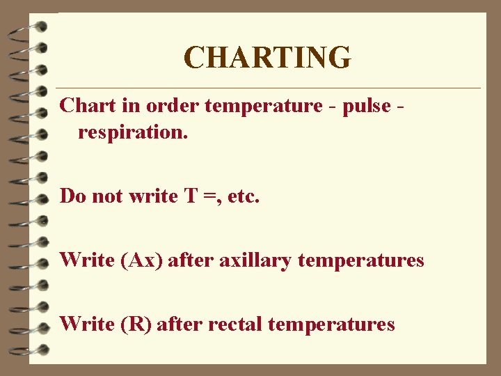 CHARTING Chart in order temperature - pulse respiration. Do not write T =, etc.