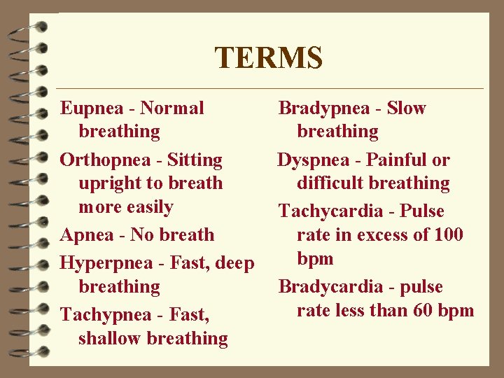 TERMS Eupnea - Normal breathing Orthopnea - Sitting upright to breath more easily Apnea