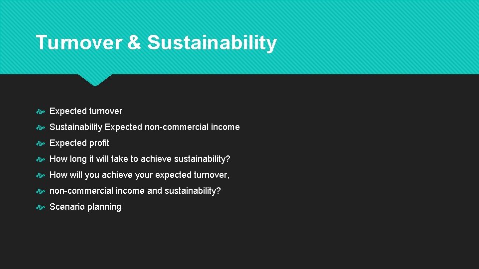 Turnover & Sustainability Expected turnover Sustainability Expected non-commercial income Expected profit How long it