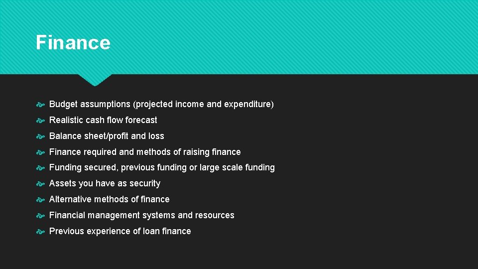 Finance Budget assumptions (projected income and expenditure) Realistic cash flow forecast Balance sheet/profit and