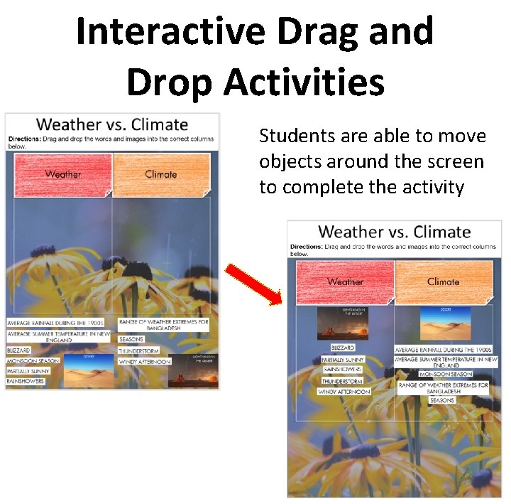 Interactive Drag and Drop Activities Students are able to move objects around the screen