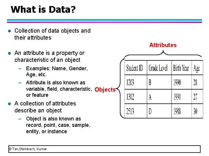 What is Data? l Collection of data objects and their attributes Attributes l An