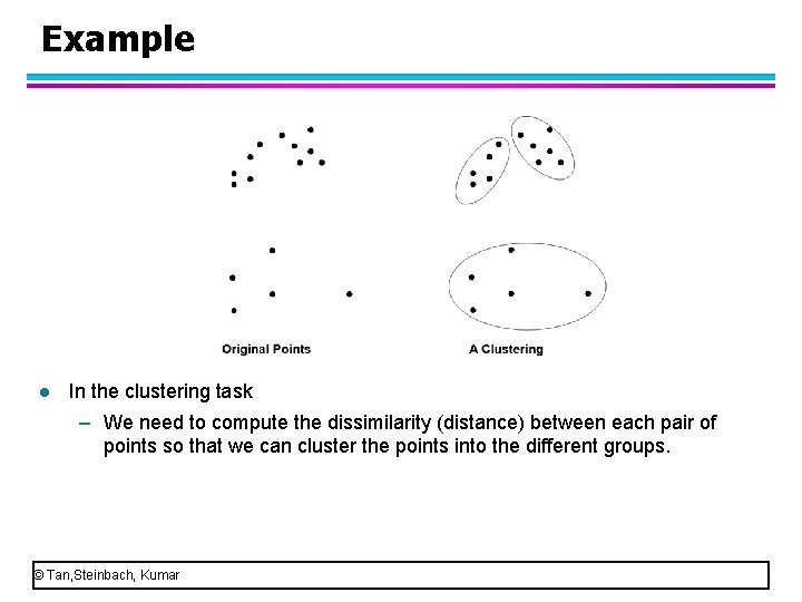 Example l In the clustering task – We need to compute the dissimilarity (distance)
