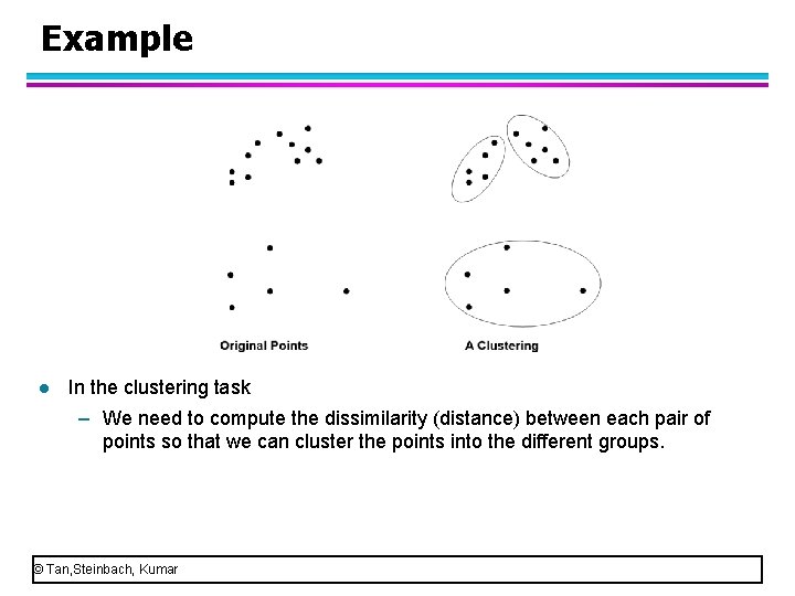 Example l In the clustering task – We need to compute the dissimilarity (distance)