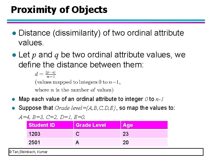 Proximity of Objects Distance (dissimilarity) of two ordinal attribute values. l Let p and