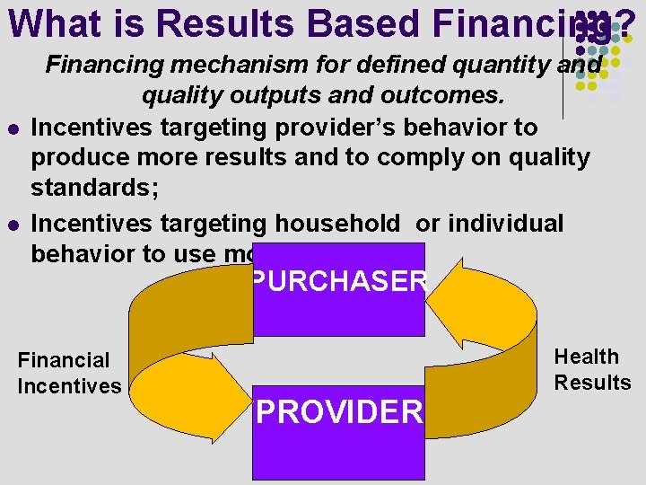 What is Results Based Financing? l l Financing mechanism for defined quantity and quality