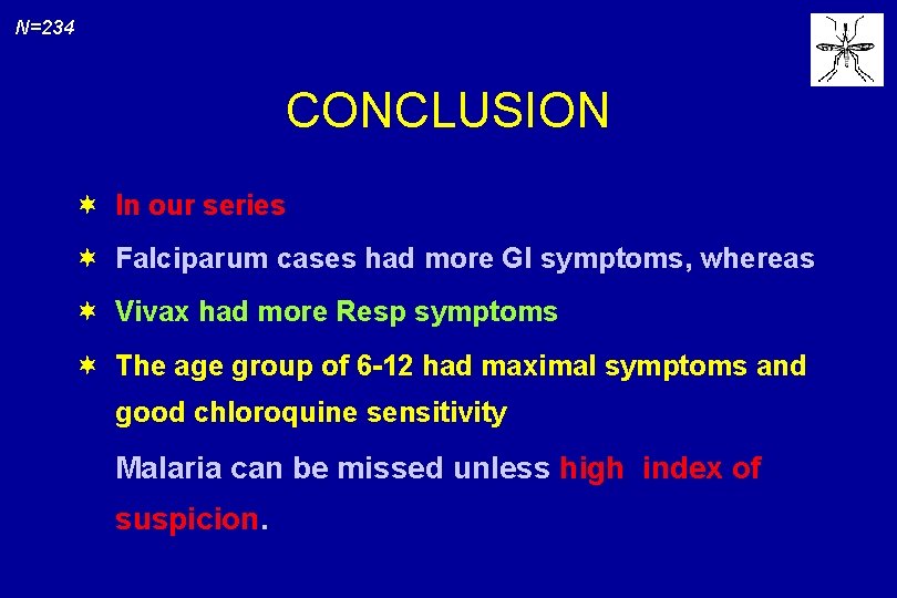 N=234 CONCLUSION ¬ In our series ¬ Falciparum cases had more GI symptoms, whereas