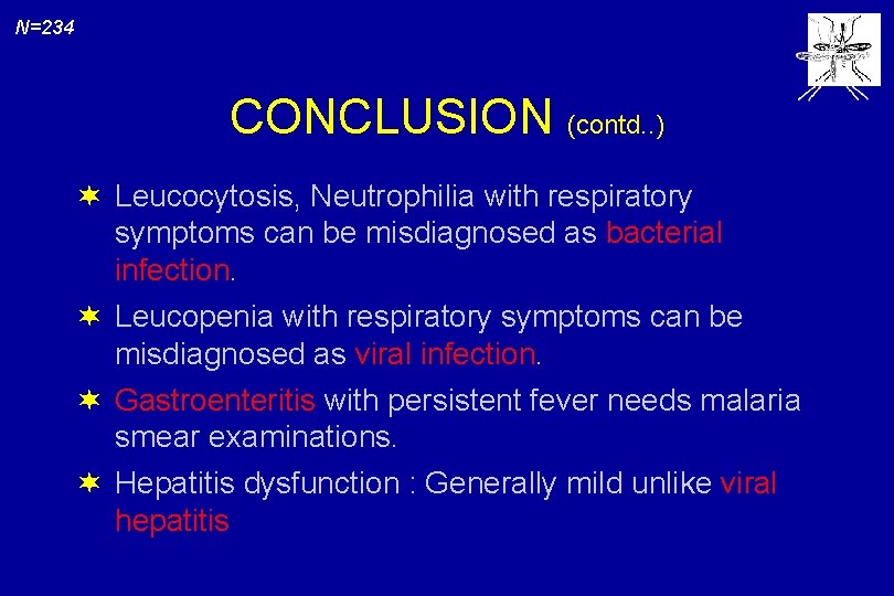 N=234 CONCLUSION (contd. . ) ¬ Leucocytosis, Neutrophilia with respiratory symptoms can be misdiagnosed