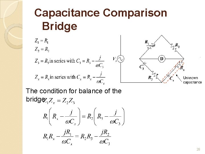 Capacitance Comparison Bridge The condition for balance of the bridge 28 