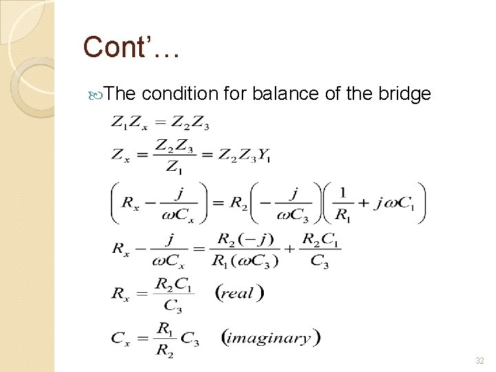 Cont’… The condition for balance of the bridge 32 