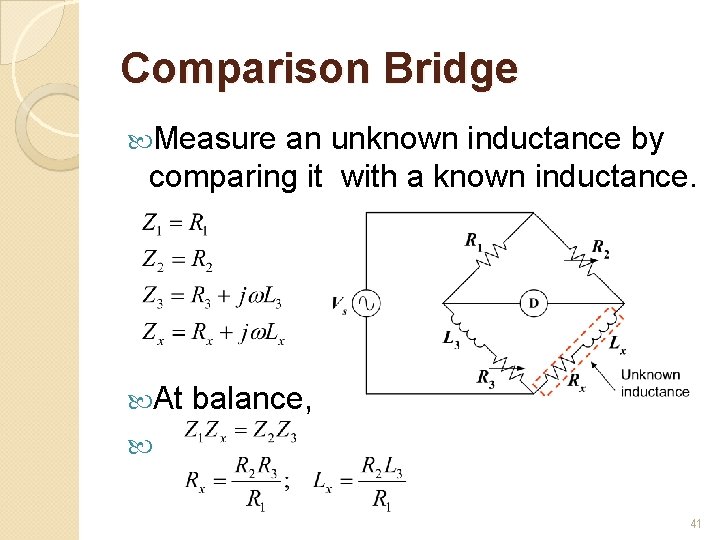 Comparison Bridge Measure an unknown inductance by comparing it with a known inductance. At