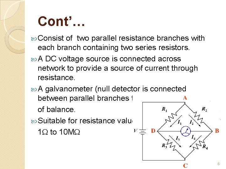 Cont’… Consist of two parallel resistance branches with each branch containing two series resistors.