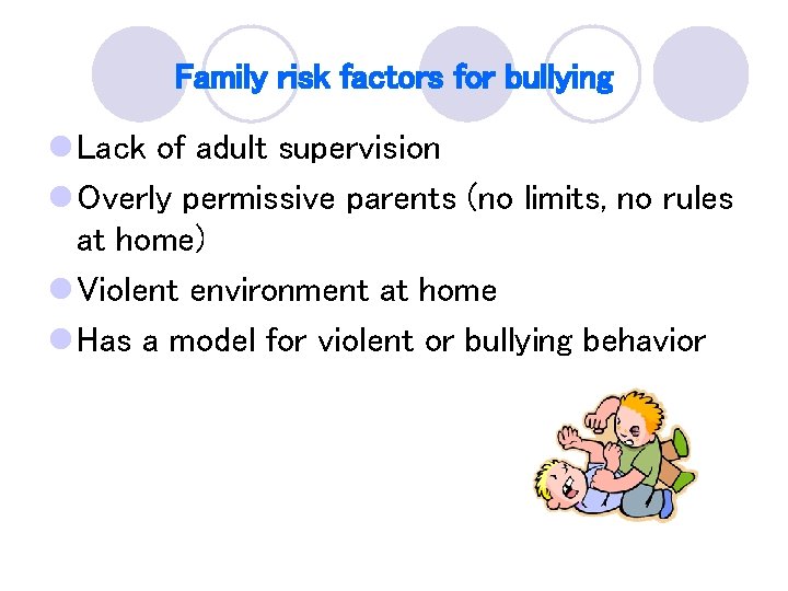 Family risk factors for bullying l Lack of adult supervision l Overly permissive parents