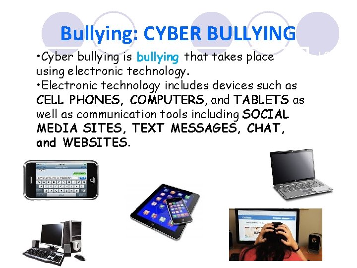 Bullying: CYBER BULLYING • Cyber bullying is bullying that takes place using electronic technology.