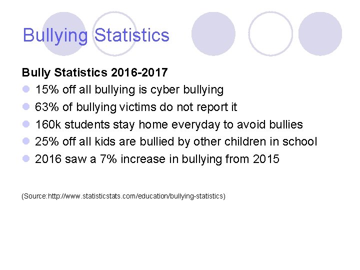 Bullying Statistics Bully Statistics 2016 -2017 l 15% off all bullying is cyber bullying