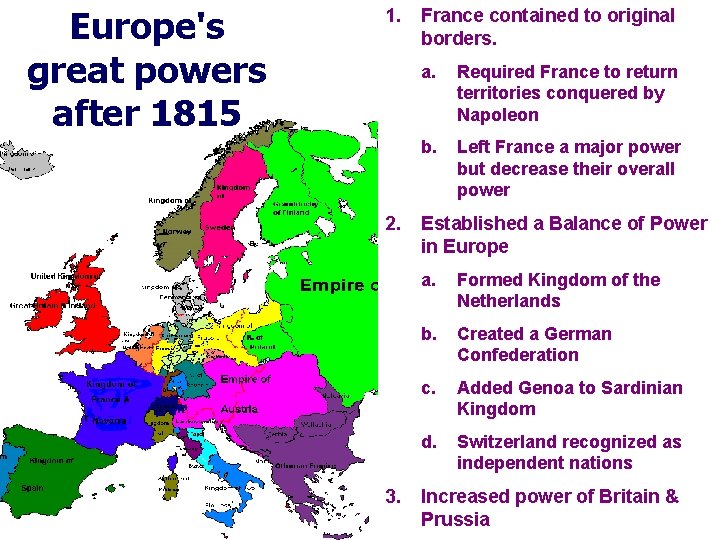 Europe's great powers after 1815 1. 2. 3. France contained to original borders. a.