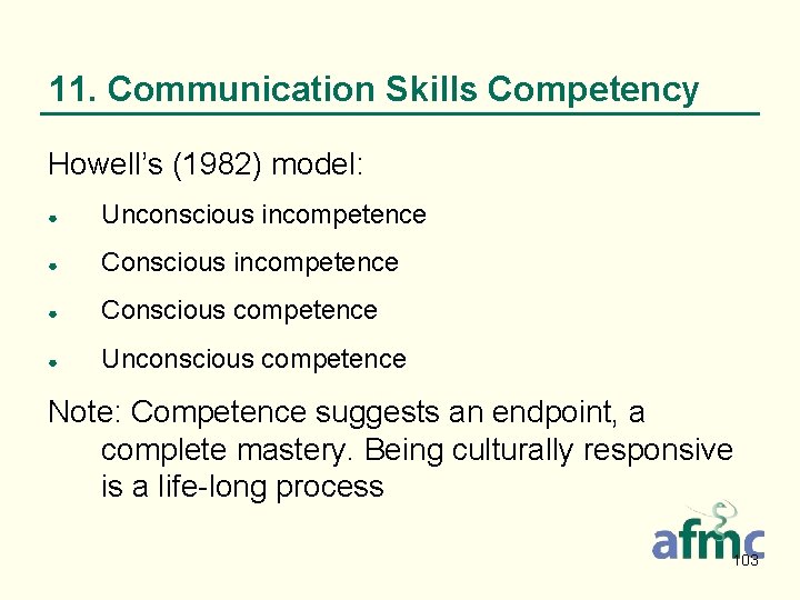 11. Communication Skills Competency Howell’s (1982) model: ● Unconscious incompetence ● Conscious competence ●