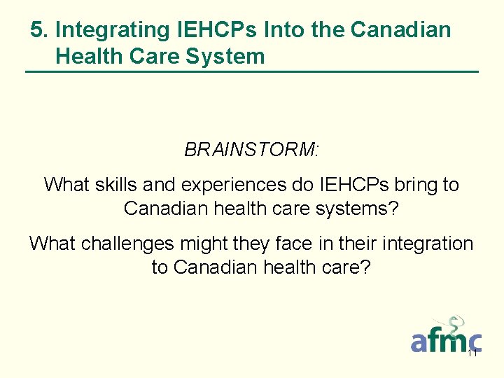 5. Integrating IEHCPs Into the Canadian Health Care System BRAINSTORM: What skills and experiences
